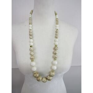Gold/Cream Marble‎ Round Gemstone Beaded Gold Tone Spacer Necklace Long 28" Boho